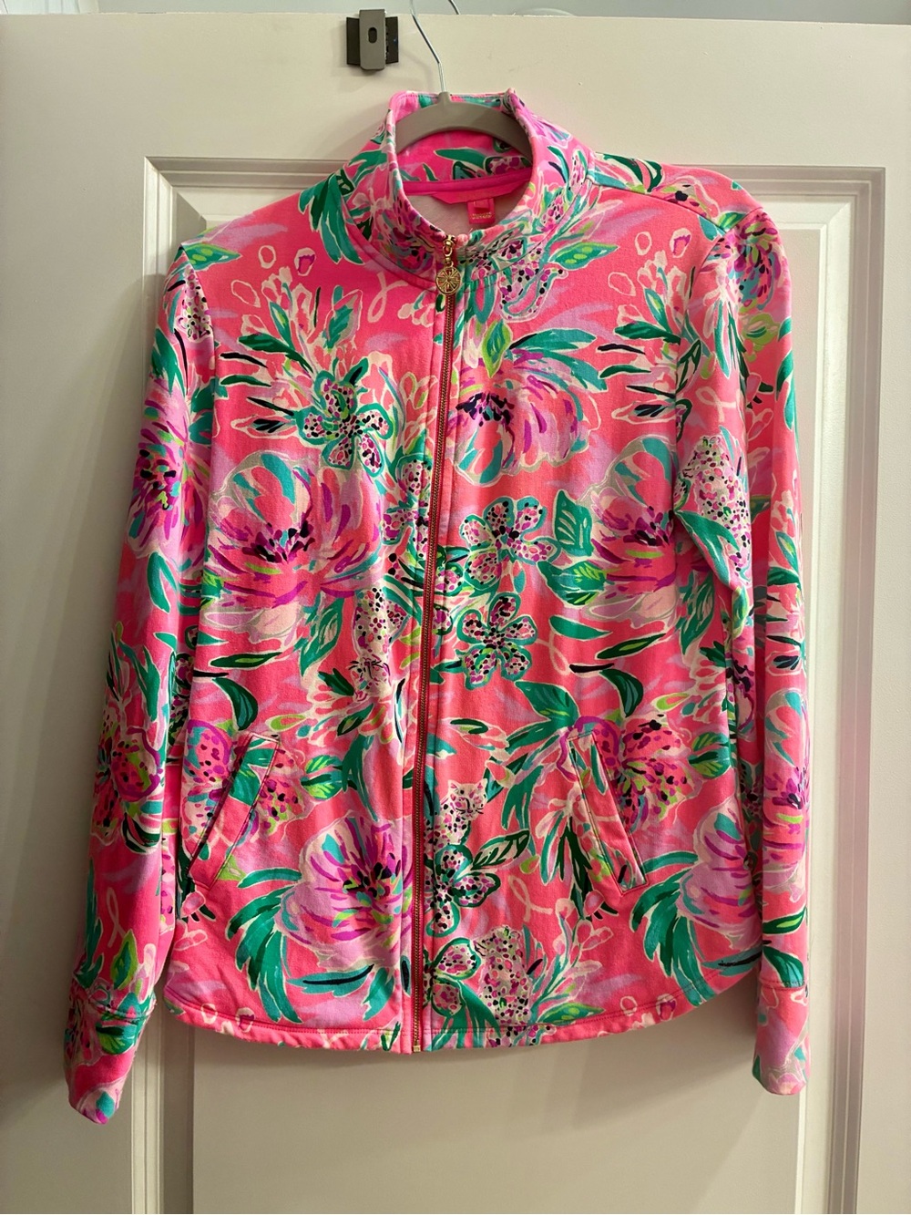 Lilly Pulitzer Pink Floral Zip Jacket with Green Accents
